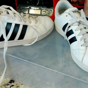 White Leather Adidas with Black stripes